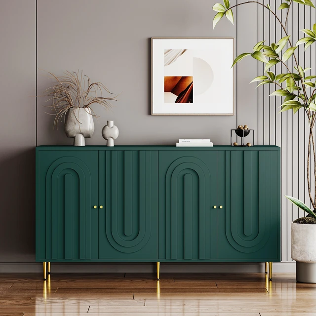Main image of Modern Green Lacquered 4 Door Wooden Cabinet Sideboard Buffet Server Cabinet Storage Cabinet, for Living Room, Entryway, Hallway, Office, Kitchen and Dining Room