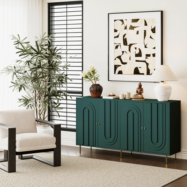 Alt view image 4 of 7 - Modern Green Lacquered 4 Door Wooden Cabinet Sideboard Buffet Server Cabinet Storage Cabinet, for Living Room, Entryway, Hallway, Office, Kitchen and Dining Room
