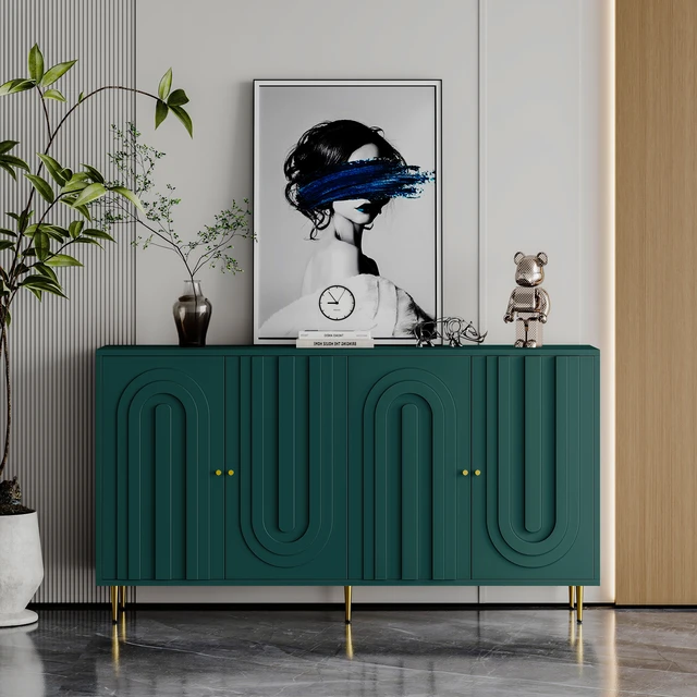 Alt view image 3 of 7 - Modern Green Lacquered 4 Door Wooden Cabinet Sideboard Buffet Server Cabinet Storage Cabinet, for Living Room, Entryway, Hallway, Office, Kitchen and Dining Room
