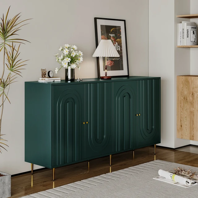 Alt view image 5 of 7 - Modern Green Lacquered 4 Door Wooden Cabinet Sideboard Buffet Server Cabinet Storage Cabinet, for Living Room, Entryway, Hallway, Office, Kitchen and Dining Room