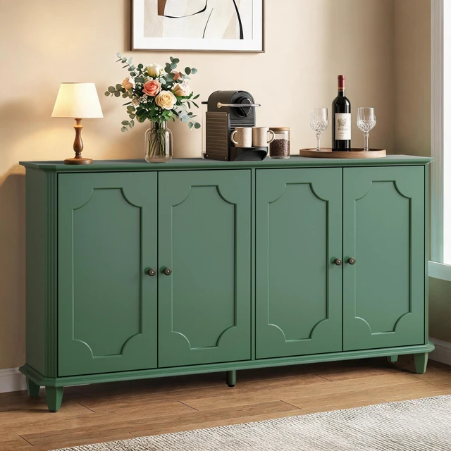 Main image of Green Farmhouse Sideboard Buffet Cabinet, 4 Door Vintage Storage Credenza with Decorative Curved Raised Panel Doors, Wide Closed Storage Accent Console Cabinet for Entryway, Living Room, Kitchen