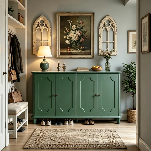 Alt view image 3 of 7 - Green Farmhouse Sideboard Buffet Cabinet, 4 Door Vintage Storage Credenza with Decorative Curved Raised Panel Doors, Wide Closed Storage Accent Console Cabinet for Entryway, Living Room, Kitchen