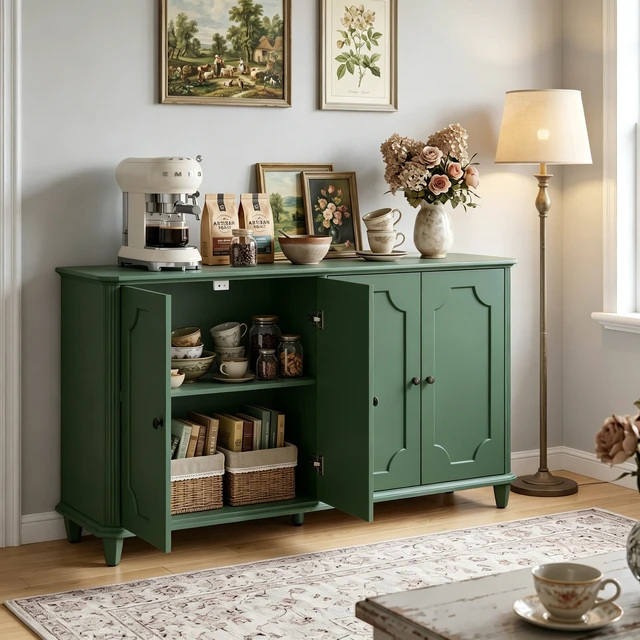 Alt view image 5 of 7 - Green Farmhouse Sideboard Buffet Cabinet, 4 Door Vintage Storage Credenza with Decorative Curved Raised Panel Doors, Wide Closed Storage Accent Console Cabinet for Entryway, Living Room, Kitchen