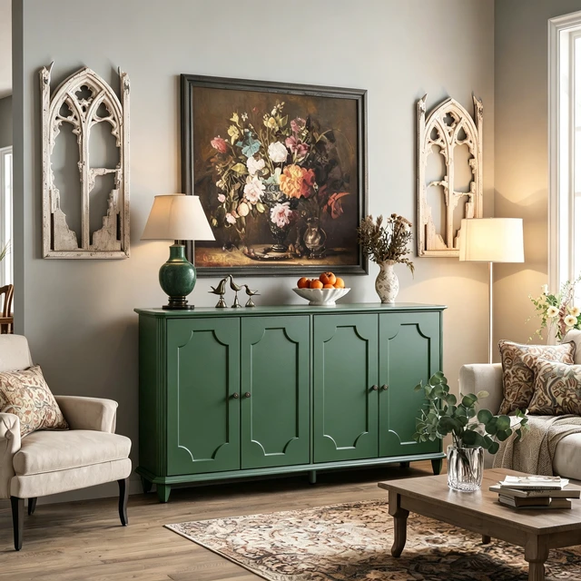 Alt view image 2 of 7 - Green Farmhouse Sideboard Buffet Cabinet, 4 Door Vintage Storage Credenza with Decorative Curved Raised Panel Doors, Wide Closed Storage Accent Console Cabinet for Entryway, Living Room, Kitchen