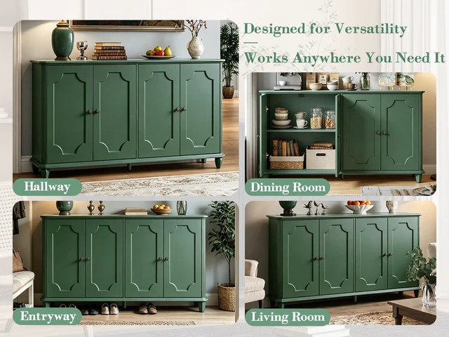 Alt view image 6 of 7 - Green Farmhouse Sideboard Buffet Cabinet, 4 Door Vintage Storage Credenza with Decorative Curved Raised Panel Doors, Wide Closed Storage Accent Console Cabinet for Entryway, Living Room, Kitchen