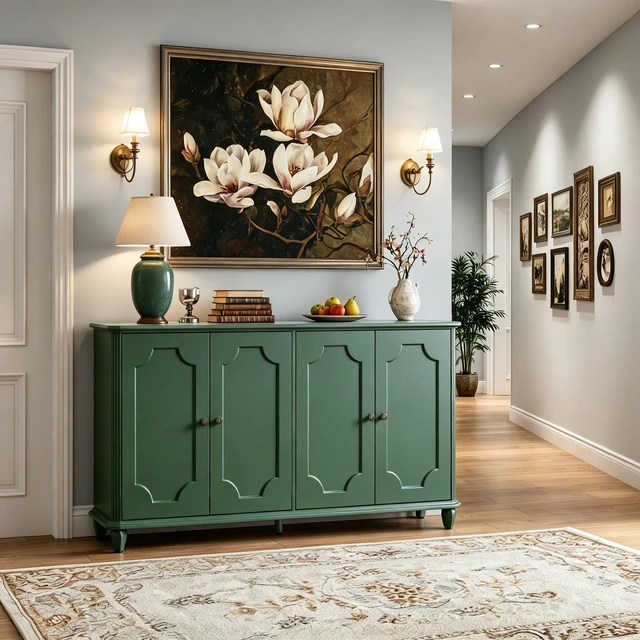 Alt view image 4 of 7 - Green Farmhouse Sideboard Buffet Cabinet, 4 Door Vintage Storage Credenza with Decorative Curved Raised Panel Doors, Wide Closed Storage Accent Console Cabinet for Entryway, Living Room, Kitchen
