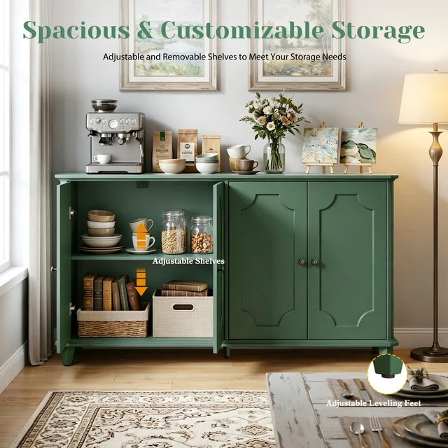 Alt view image 7 of 7 - Green Farmhouse Sideboard Buffet Cabinet, 4 Door Vintage Storage Credenza with Decorative Curved Raised Panel Doors, Wide Closed Storage Accent Console Cabinet for Entryway, Living Room, Kitchen