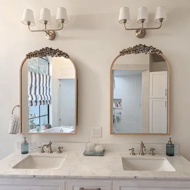 Alt view image 3 of 7 - Vintage Medicine Cabinet Mirror with Storage, 24" x 36" Arch Bathroom Wall Mount Mirror Cabinet with Carved Top, Recessed & Surface Mount Bathroom Cabinet with Adjustable Shelf & Jewelry Hooks, Gold