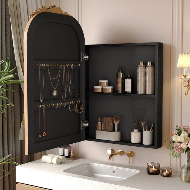 Alt view image 4 of 7 - Vintage Medicine Cabinet Mirror with Storage, 24" x 36" Arch Bathroom Wall Mount Mirror Cabinet with Carved Top, Recessed & Surface Mount Bathroom Cabinet with Adjustable Shelf & Jewelry Hooks, Gold