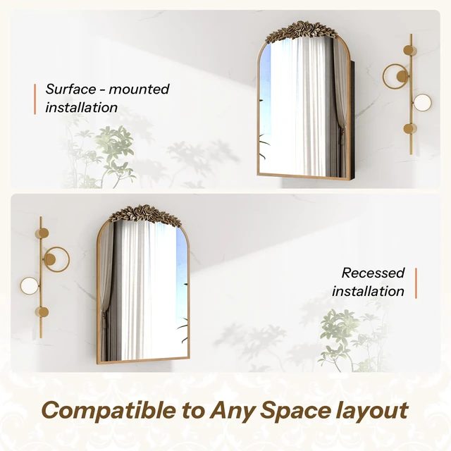 Alt view image 5 of 7 - Vintage Medicine Cabinet Mirror with Storage, 24" x 36" Arch Bathroom Wall Mount Mirror Cabinet with Carved Top, Recessed & Surface Mount Bathroom Cabinet with Adjustable Shelf & Jewelry Hooks, Gold
