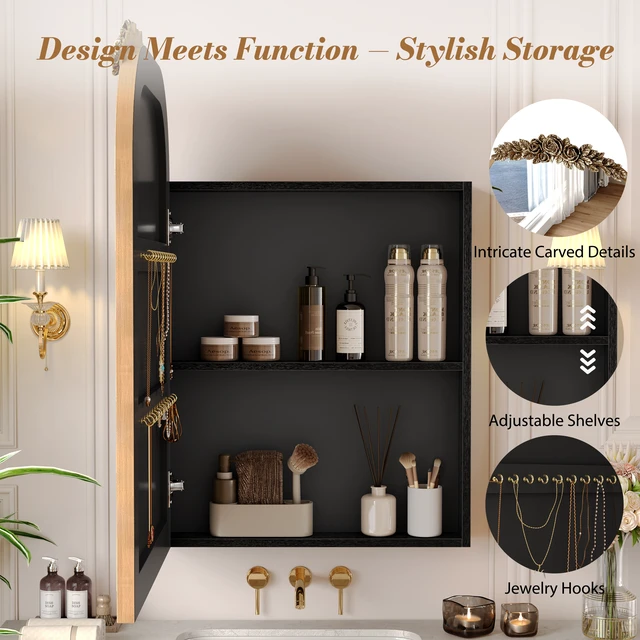 Alt view image 6 of 7 - Vintage Medicine Cabinet Mirror with Storage, 24" x 36" Arch Bathroom Wall Mount Mirror Cabinet with Carved Top, Recessed & Surface Mount Bathroom Cabinet with Adjustable Shelf & Jewelry Hooks, Gold