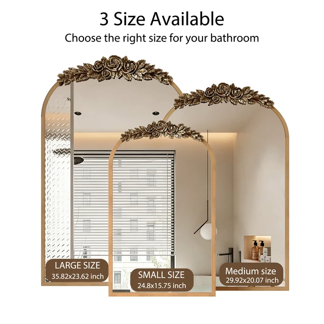 Alt view image 7 of 7 - Vintage Medicine Cabinet Mirror with Storage, 24" x 36" Arch Bathroom Wall Mount Mirror Cabinet with Carved Top, Recessed & Surface Mount Bathroom Cabinet with Adjustable Shelf & Jewelry Hooks, Gold