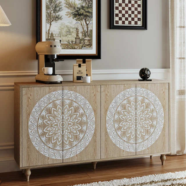 Alt view image 2 of 7 - 60" Vintage Mandala Carved Oak Grain Sideboard, 4 Door Boho Buffet Cabinet, Mid-Century Elevated Legs Storage Credenza for Entryway, Dining Room, Living Room