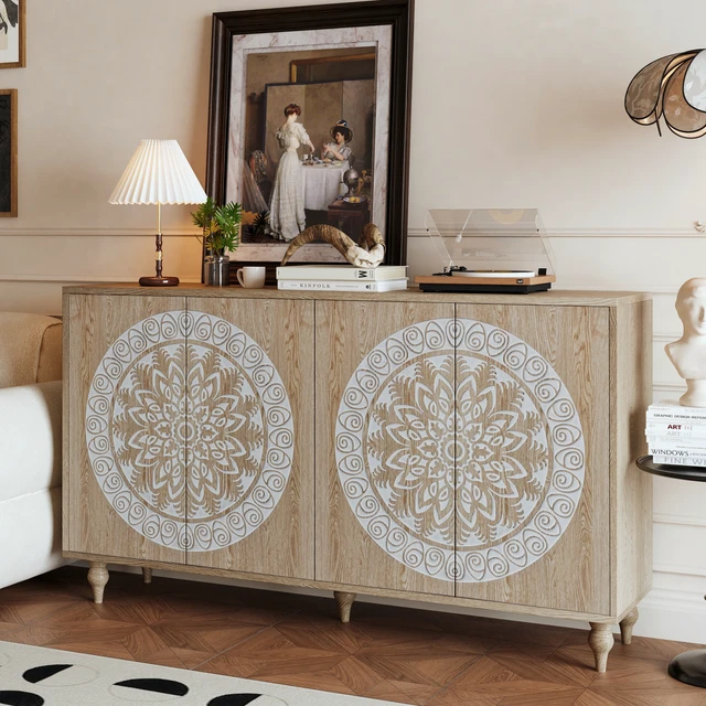 Alt view image 4 of 7 - 60" Vintage Mandala Carved Oak Grain Sideboard, 4 Door Boho Buffet Cabinet, Mid-Century Elevated Legs Storage Credenza for Entryway, Dining Room, Living Room