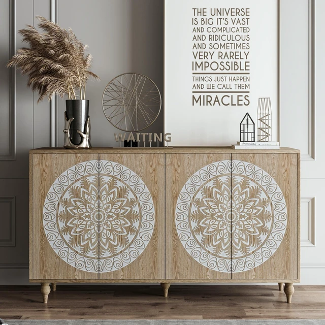 Main image of 60" Vintage Mandala Carved Oak Grain Sideboard, 4 Door Boho Buffet Cabinet, Mid-Century Elevated Legs Storage Credenza for Entryway, Dining Room, Living Room