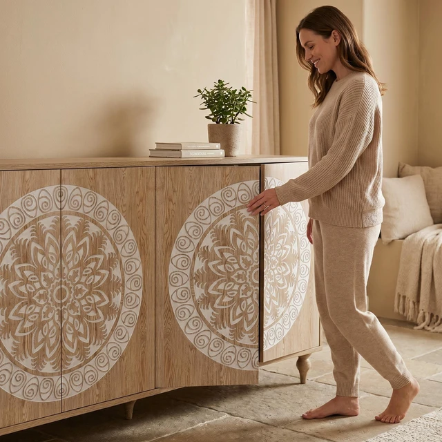 Alt view image 6 of 7 - 60" Vintage Mandala Carved Oak Grain Sideboard, 4 Door Boho Buffet Cabinet, Mid-Century Elevated Legs Storage Credenza for Entryway, Dining Room, Living Room
