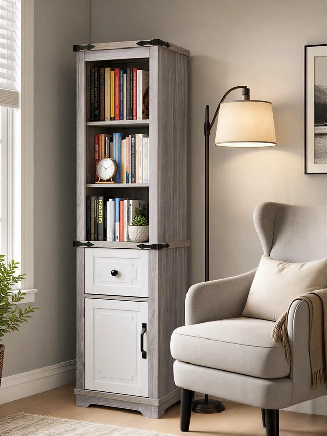 Main image of Narrow cabinet,Bathroom Storage Cabinet, Farmhouse Storage Cabinet with Adjustable Shelves & Storage Drawer, Tall Linen Tower for Bathroom, Living Room, Grey+white color