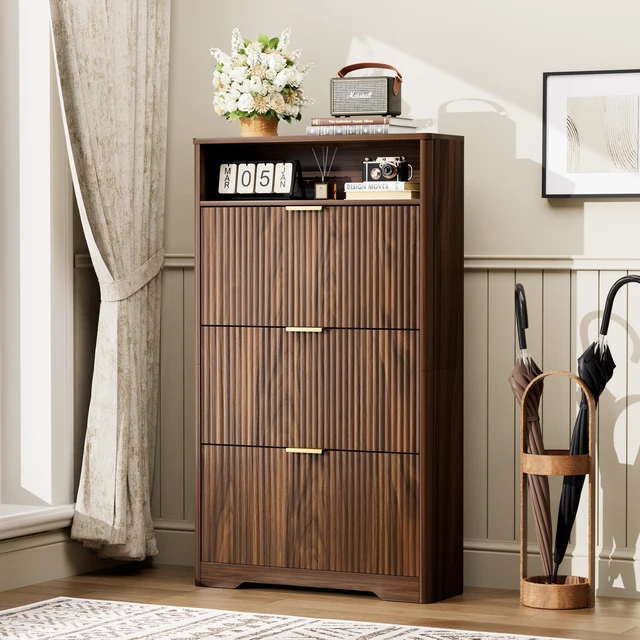 Main image of Shoe Cabinet Storage for Entryway Hidden Shoes Storage Cabinet with 3 Flip Drawers, Tall Free Standing Shoe Organizer Rack for Foyer, Hallway. Walnut ,31.6'' L x 9.6'' W x 54.4'' H.
