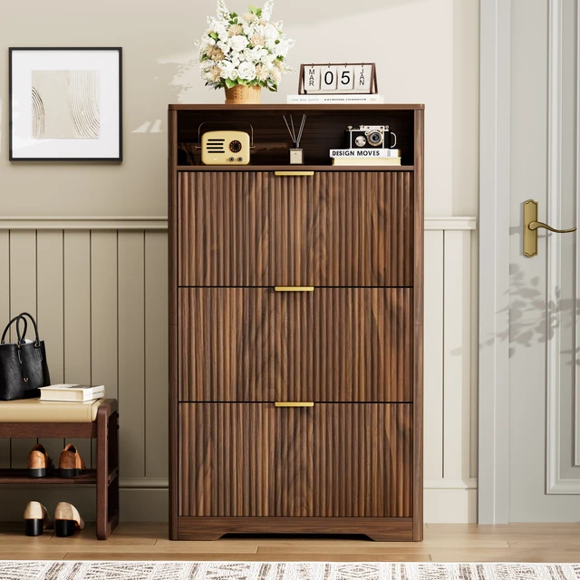 Alt view image 2 of 6 - Shoe Cabinet Storage for Entryway Hidden Shoes Storage Cabinet with 3 Flip Drawers, Tall Free Standing Shoe Organizer Rack for Foyer, Hallway. Walnut ,31.6'' L x 9.6'' W x 54.4'' H.