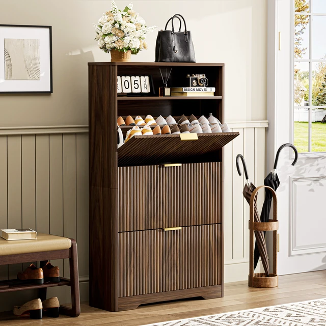 Alt view image 3 of 6 - Shoe Cabinet Storage for Entryway Hidden Shoes Storage Cabinet with 3 Flip Drawers, Tall Free Standing Shoe Organizer Rack for Foyer, Hallway. Walnut ,31.6'' L x 9.6'' W x 54.4'' H.