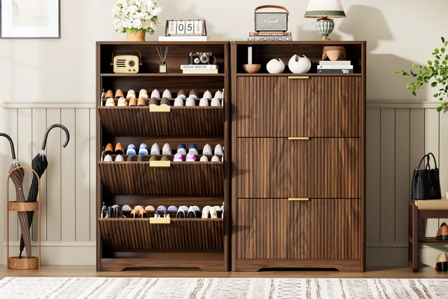 Alt view image 4 of 6 - Shoe Cabinet Storage for Entryway Hidden Shoes Storage Cabinet with 3 Flip Drawers, Tall Free Standing Shoe Organizer Rack for Foyer, Hallway. Walnut ,31.6'' L x 9.6'' W x 54.4'' H.
