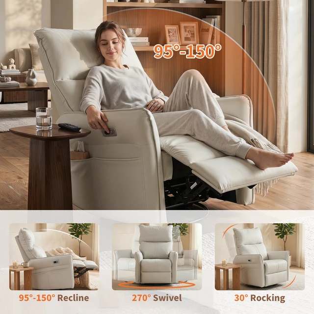Alt view image 2 of 7 - 270° Power Swivel Rocker Recliner Chair, PU Leather Electric Glider Reclining Sofa with USB Ports, Power Swivel Glider, Rocking Chair,Nursery Recliners for Living Room Bedroom(Light Gray+270°Swivel)