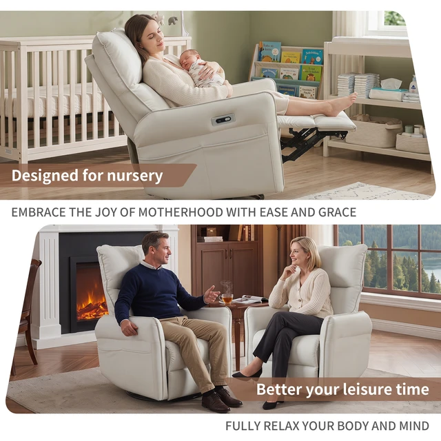 Alt view image 3 of 7 - 270° Power Swivel Rocker Recliner Chair, PU Leather Electric Glider Reclining Sofa with USB Ports, Power Swivel Glider, Rocking Chair,Nursery Recliners for Living Room Bedroom(Light Gray+270°Swivel)