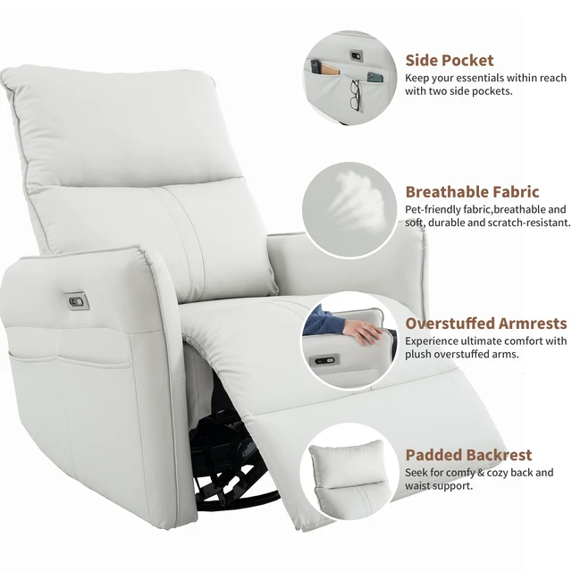Alt view image 5 of 7 - 270° Power Swivel Rocker Recliner Chair, PU Leather Electric Glider Reclining Sofa with USB Ports, Power Swivel Glider, Rocking Chair,Nursery Recliners for Living Room Bedroom(Light Gray+270°Swivel)