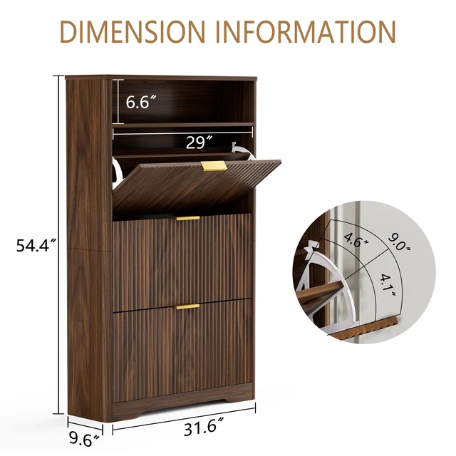 Alt view image 5 of 6 - Shoe Cabinet Storage for Entryway Hidden Shoes Storage Cabinet with 3 Flip Drawers, Tall Free Standing Shoe Organizer Rack for Foyer, Hallway. Walnut ,31.6'' L x 9.6'' W x 54.4'' H.