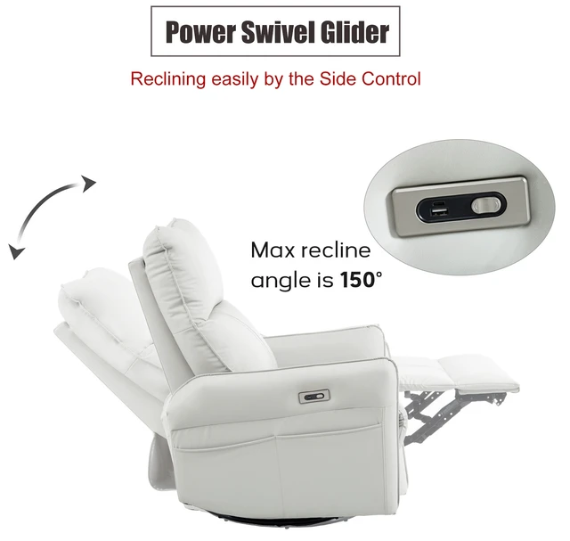 Alt view image 7 of 7 - 270° Power Swivel Rocker Recliner Chair, PU Leather Electric Glider Reclining Sofa with USB Ports, Power Swivel Glider, Rocking Chair,Nursery Recliners for Living Room Bedroom(Light Gray+270°Swivel)
