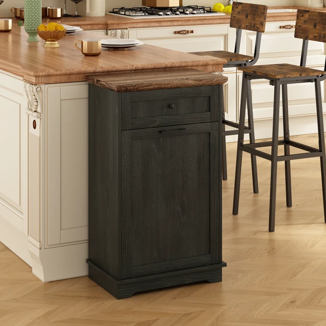 Alt view image 2 of 7 - 10 Gallon Tilt Out Trash Cabinet Freestanding Trash Bin Cabinet Wood Garbage Recycling Cabinet with Hideaway Drawer Pet Proof Trash Can Holder for Kitchen Living Room, Antique Black (not include can)