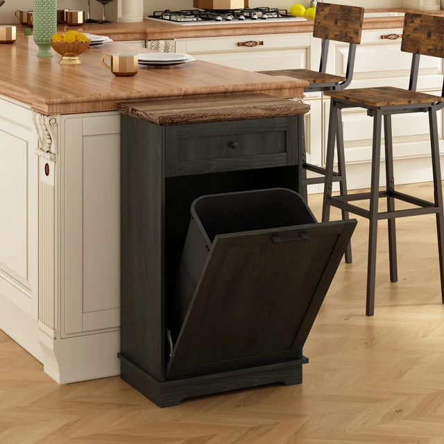 Main image of 10 Gallon Tilt Out Trash Cabinet Freestanding Trash Bin Cabinet Wood Garbage Recycling Cabinet with Hideaway Drawer Pet Proof Trash Can Holder for Kitchen Living Room, Antique Black (not include can)