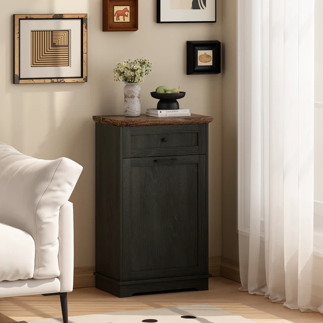 Alt view image 7 of 7 - 10 Gallon Tilt Out Trash Cabinet Freestanding Trash Bin Cabinet Wood Garbage Recycling Cabinet with Hideaway Drawer Pet Proof Trash Can Holder for Kitchen Living Room, Antique Black (not include can)