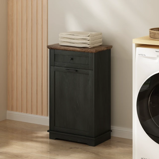 Alt view image 4 of 7 - 10 Gallon Tilt Out Trash Cabinet Freestanding Trash Bin Cabinet Wood Garbage Recycling Cabinet with Hideaway Drawer Pet Proof Trash Can Holder for Kitchen Living Room, Antique Black (not include can)