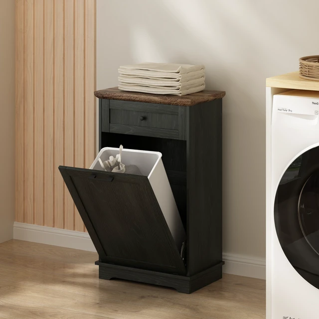 Alt view image 3 of 7 - 10 Gallon Tilt Out Trash Cabinet Freestanding Trash Bin Cabinet Wood Garbage Recycling Cabinet with Hideaway Drawer Pet Proof Trash Can Holder for Kitchen Living Room, Antique Black (not include can)