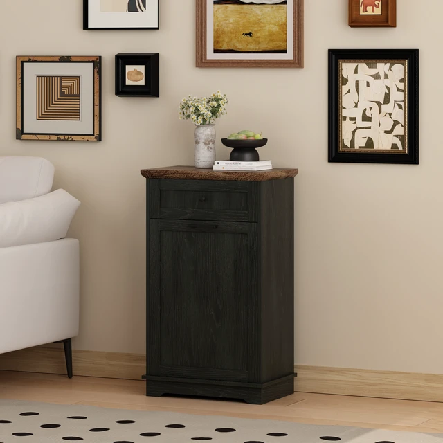 Alt view image 6 of 7 - 10 Gallon Tilt Out Trash Cabinet Freestanding Trash Bin Cabinet Wood Garbage Recycling Cabinet with Hideaway Drawer Pet Proof Trash Can Holder for Kitchen Living Room, Antique Black (not include can)