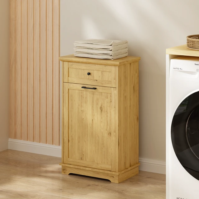 Alt view image 3 of 7 - 10 Gallon Tilt Out Trash Cabinet Freestanding Trash Bin Cabinet Wood Garbage Recycling Cabinet with Hideaway Drawer Pet Proof Trash Can Holder for Kitchen Living Room, Natural (not include can)
