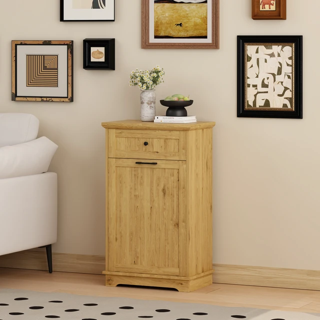 Alt view image 6 of 7 - 10 Gallon Tilt Out Trash Cabinet Freestanding Trash Bin Cabinet Wood Garbage Recycling Cabinet with Hideaway Drawer Pet Proof Trash Can Holder for Kitchen Living Room, Natural (not include can)
