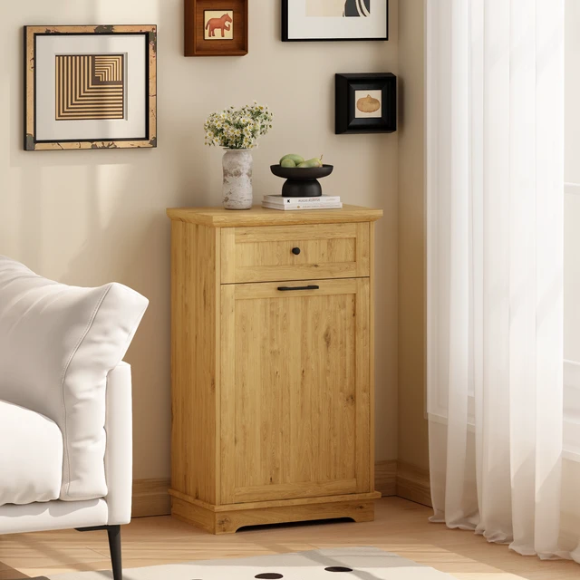 Alt view image 7 of 7 - 10 Gallon Tilt Out Trash Cabinet Freestanding Trash Bin Cabinet Wood Garbage Recycling Cabinet with Hideaway Drawer Pet Proof Trash Can Holder for Kitchen Living Room, Natural (not include can)