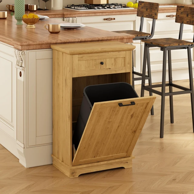 Main image of 10 Gallon Tilt Out Trash Cabinet Freestanding Trash Bin Cabinet Wood Garbage Recycling Cabinet with Hideaway Drawer Pet Proof Trash Can Holder for Kitchen Living Room, Natural (not include can)