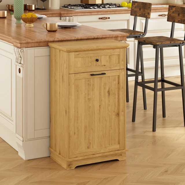 Alt view image 2 of 7 - 10 Gallon Tilt Out Trash Cabinet Freestanding Trash Bin Cabinet Wood Garbage Recycling Cabinet with Hideaway Drawer Pet Proof Trash Can Holder for Kitchen Living Room, Natural (not include can)