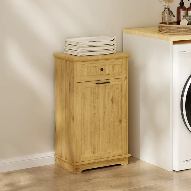 Alt view image 5 of 7 - 10 Gallon Tilt Out Trash Cabinet Freestanding Trash Bin Cabinet Wood Garbage Recycling Cabinet with Hideaway Drawer Pet Proof Trash Can Holder for Kitchen Living Room, Natural (not include can)