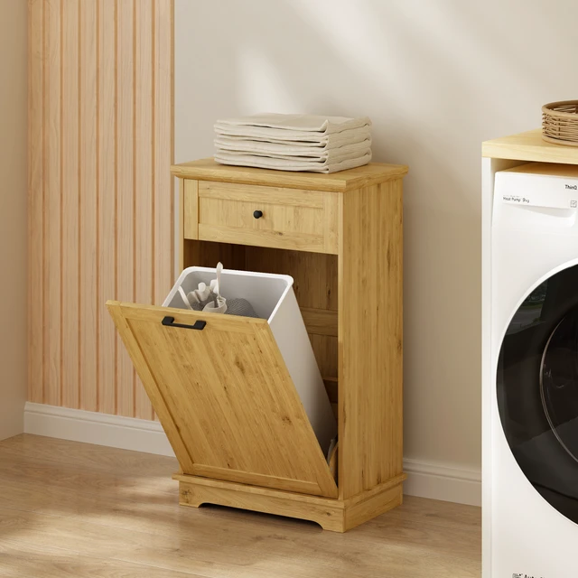 Alt view image 4 of 7 - 10 Gallon Tilt Out Trash Cabinet Freestanding Trash Bin Cabinet Wood Garbage Recycling Cabinet with Hideaway Drawer Pet Proof Trash Can Holder for Kitchen Living Room, Natural (not include can)