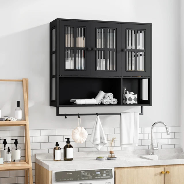 Alt view image 2 of 7 - Bathroom Wall Cabinet, 3-Door Wooden Wall Cabinet with Open and Hidden Storage Space, Medicine Cabinet with Glass Door and Towel Bar for Entryway Living Room Bathroom Dining Room,Black