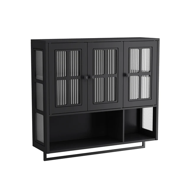 Alt view image 7 of 7 - Bathroom Wall Cabinet, 3-Door Wooden Wall Cabinet with Open and Hidden Storage Space, Medicine Cabinet with Glass Door and Towel Bar for Entryway Living Room Bathroom Dining Room,Black
