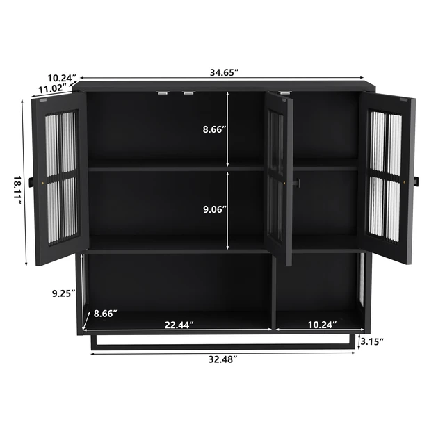 Alt view image 6 of 7 - Bathroom Wall Cabinet, 3-Door Wooden Wall Cabinet with Open and Hidden Storage Space, Medicine Cabinet with Glass Door and Towel Bar for Entryway Living Room Bathroom Dining Room,Black