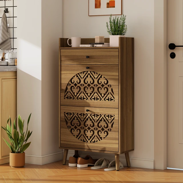 Alt view image 3 of 7 - Shoe Storage Cabinet with SemiCircular Cutout Doors, DoubleTier Removable Shoe Trays, Pine Wood Feet, AntiTip Wall Anchor, WallProtection Back Panel for Entryway Home Shoe Organizer