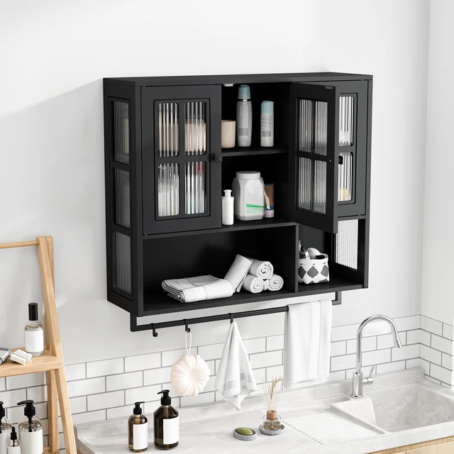 Alt view image 3 of 7 - Bathroom Wall Cabinet, 3-Door Wooden Wall Cabinet with Open and Hidden Storage Space, Medicine Cabinet with Glass Door and Towel Bar for Entryway Living Room Bathroom Dining Room,Black