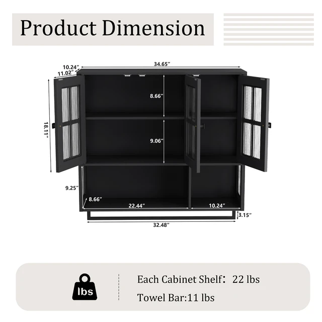 Alt view image 5 of 7 - Bathroom Wall Cabinet, 3-Door Wooden Wall Cabinet with Open and Hidden Storage Space, Medicine Cabinet with Glass Door and Towel Bar for Entryway Living Room Bathroom Dining Room,Black