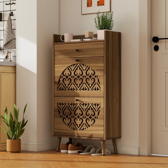 Alt view image 2 of 7 - Shoe Storage Cabinet with SemiCircular Cutout Doors, DoubleTier Removable Shoe Trays, Pine Wood Feet, AntiTip Wall Anchor, WallProtection Back Panel for Entryway Home Shoe Organizer